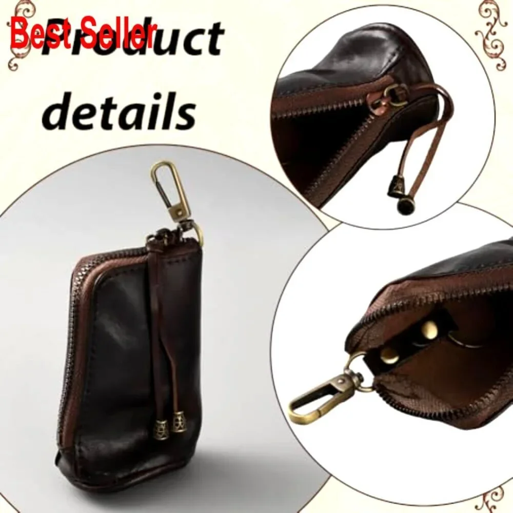 Cowhide Leather Mini Zipper Coin Pouch Keychain Wallet Vintage Storage